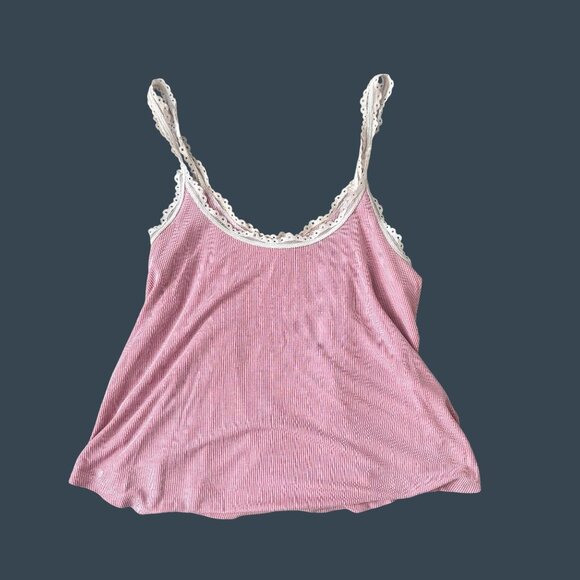 Victorias Secret Pink Striped Lace-Trim Cami Top S/P Cotton Blend Womens Sleepwe - Picture 1 of 5